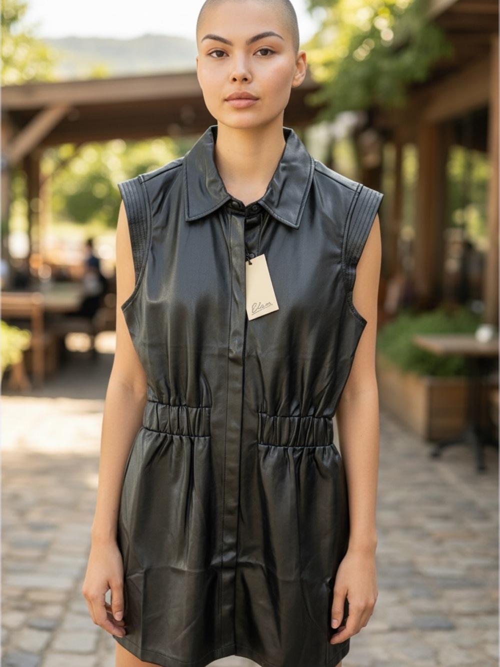 New; Sizes S and M  Elan Sleeveless Black Faux Leather Shirtdress